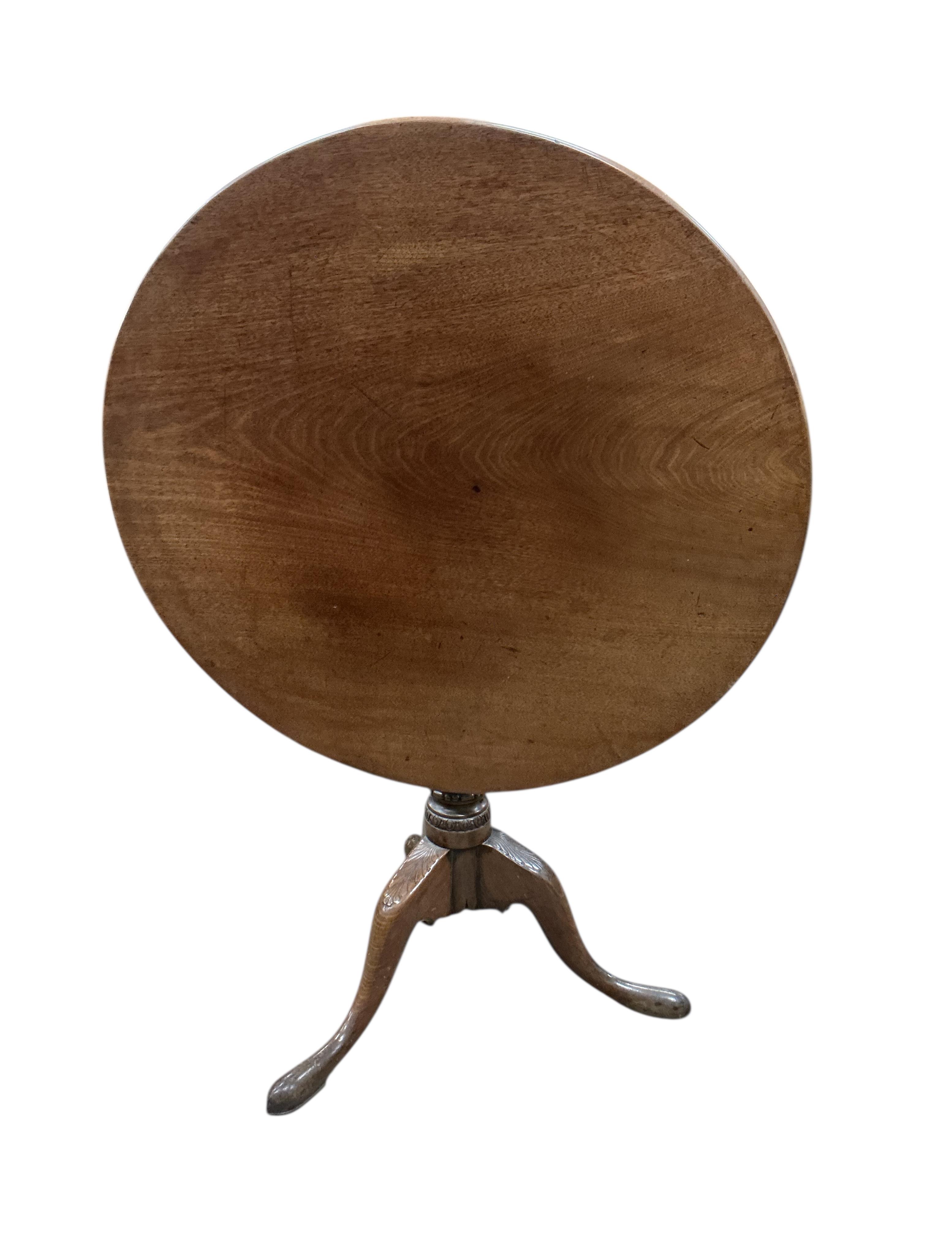 A George III and later circular mahogany tilt top tripod tea table, diameter 80cm, height 70cm